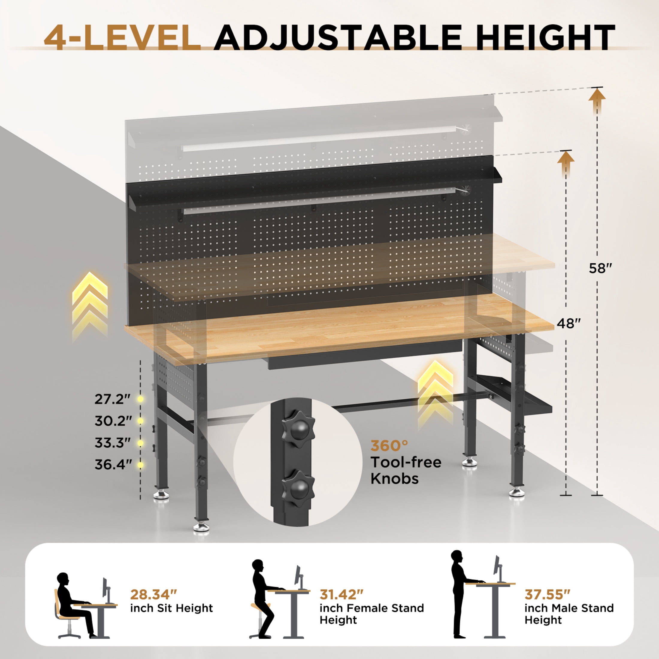 Noble House 60" Adjustable Height Workbench with Solid Wood Top, Heavy Duty Garage Work Table with Power Outlet, Black