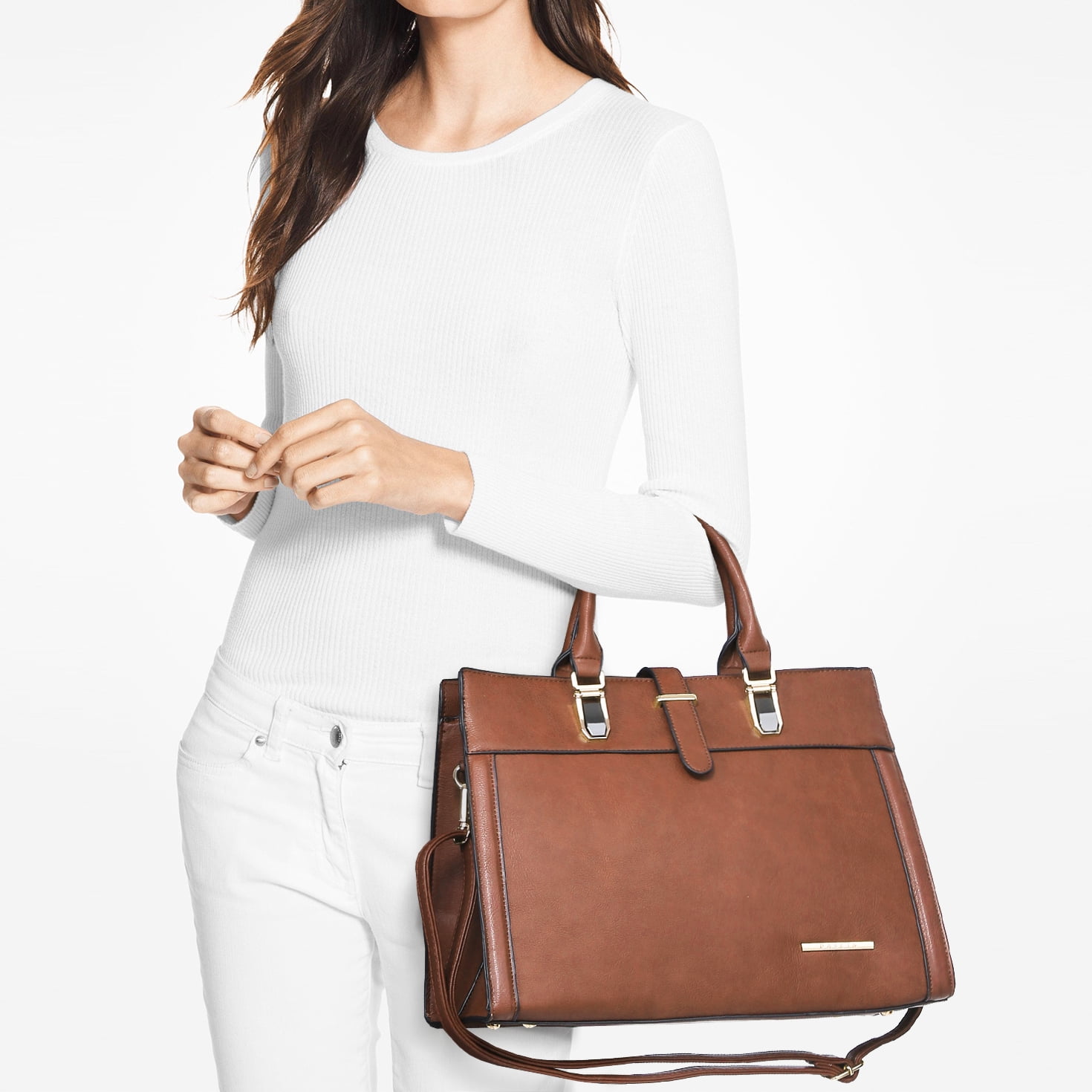 Women's Handbag Flap-over Belt Shoulder Bag Top Handle Tote Satchel Purse Work Bag w/Matching Wristlet