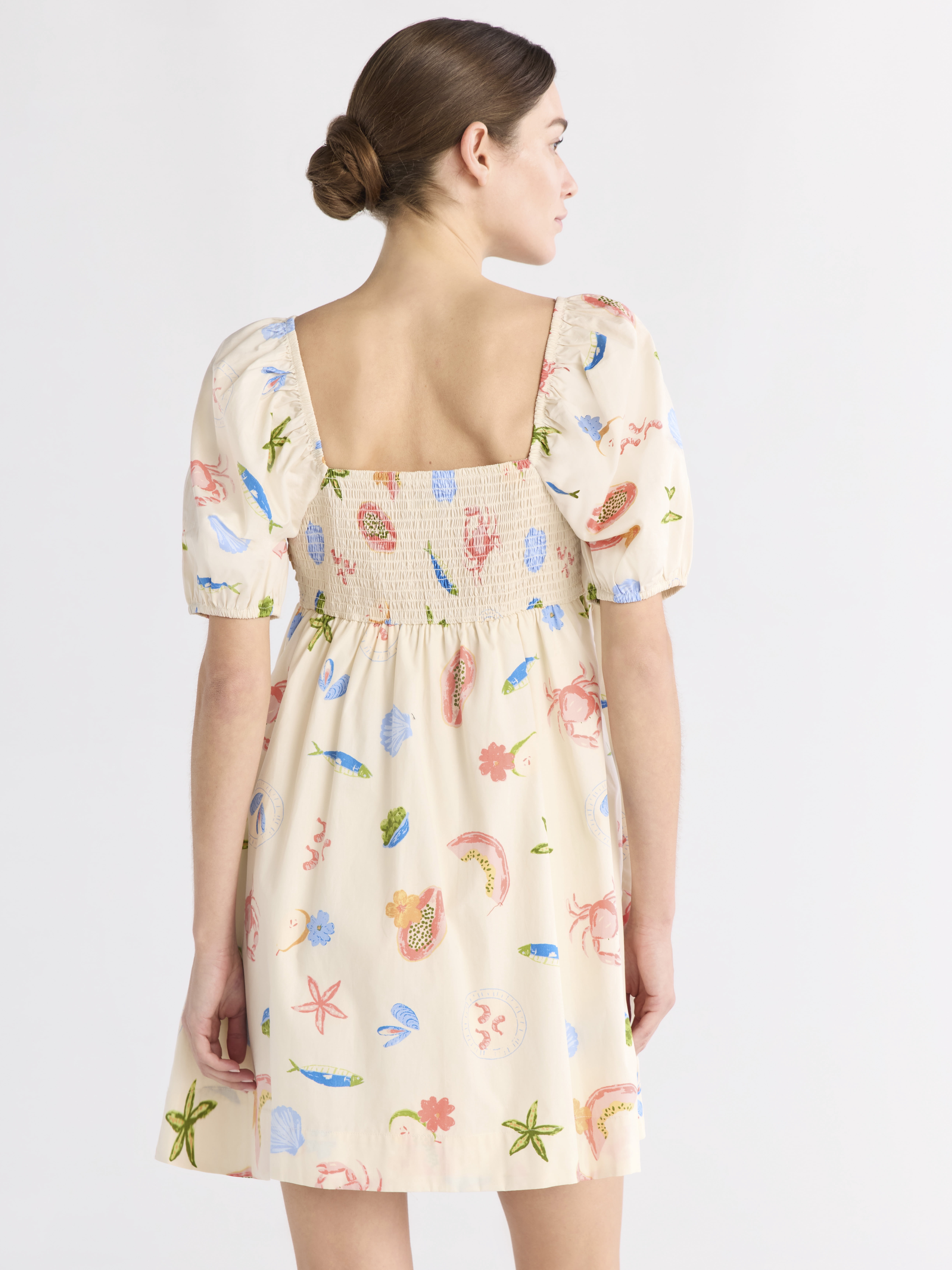 Free Assembly Women's Shirred Cotton Mini Dress with Puff Sleeves, Sizes XS-XXXL