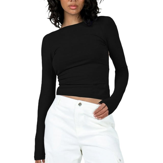 Women's Sexy Long Sleeve Square Neck Basic Slim Fitted Ribbed Knit Tee Shirts Crop Tops