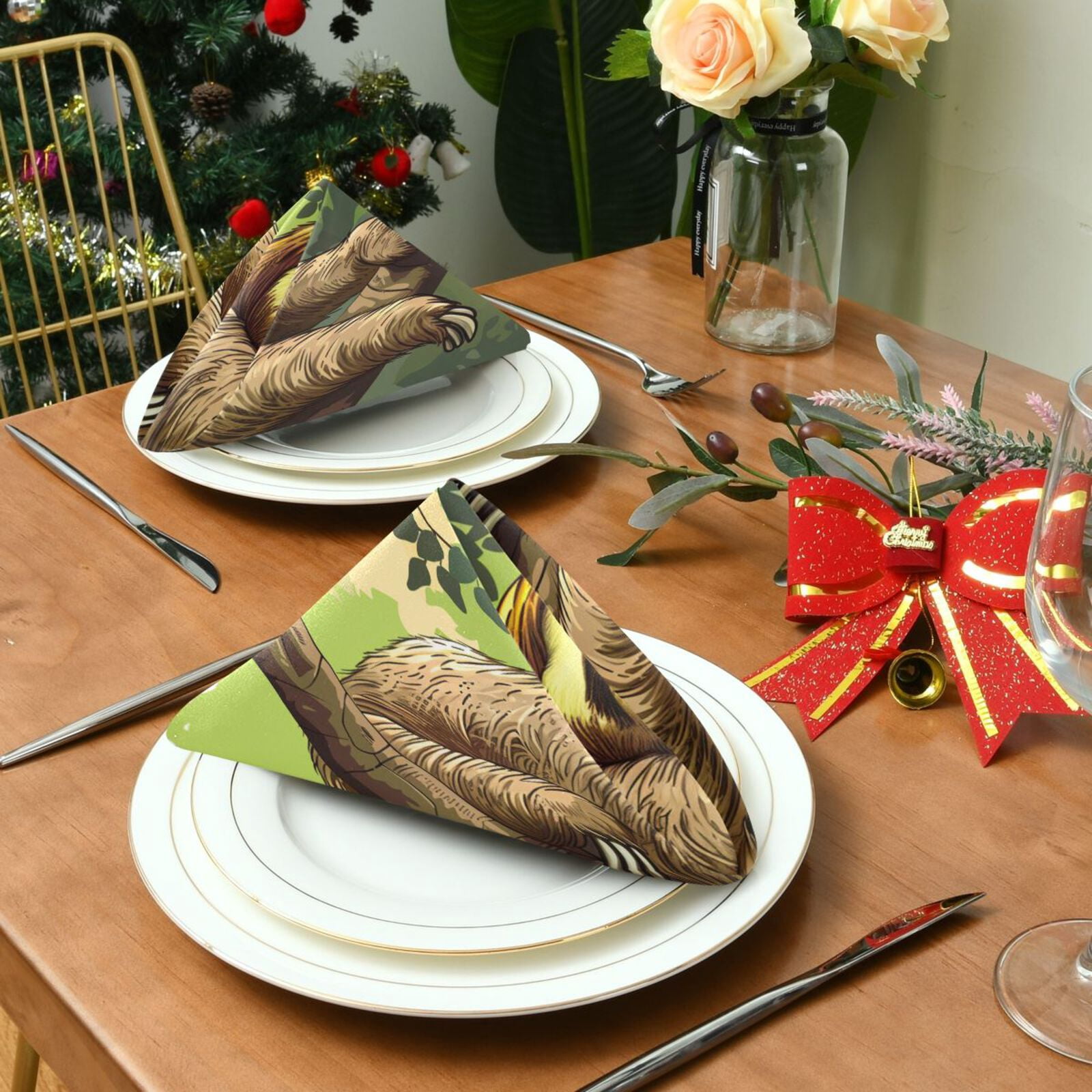 JSTEL Sleeping Sloth Animal Cloth Napkins Set of 6, 20x20 Inch Washable and Reusable Napkin for Decoupage Dinner Party Everyday Use