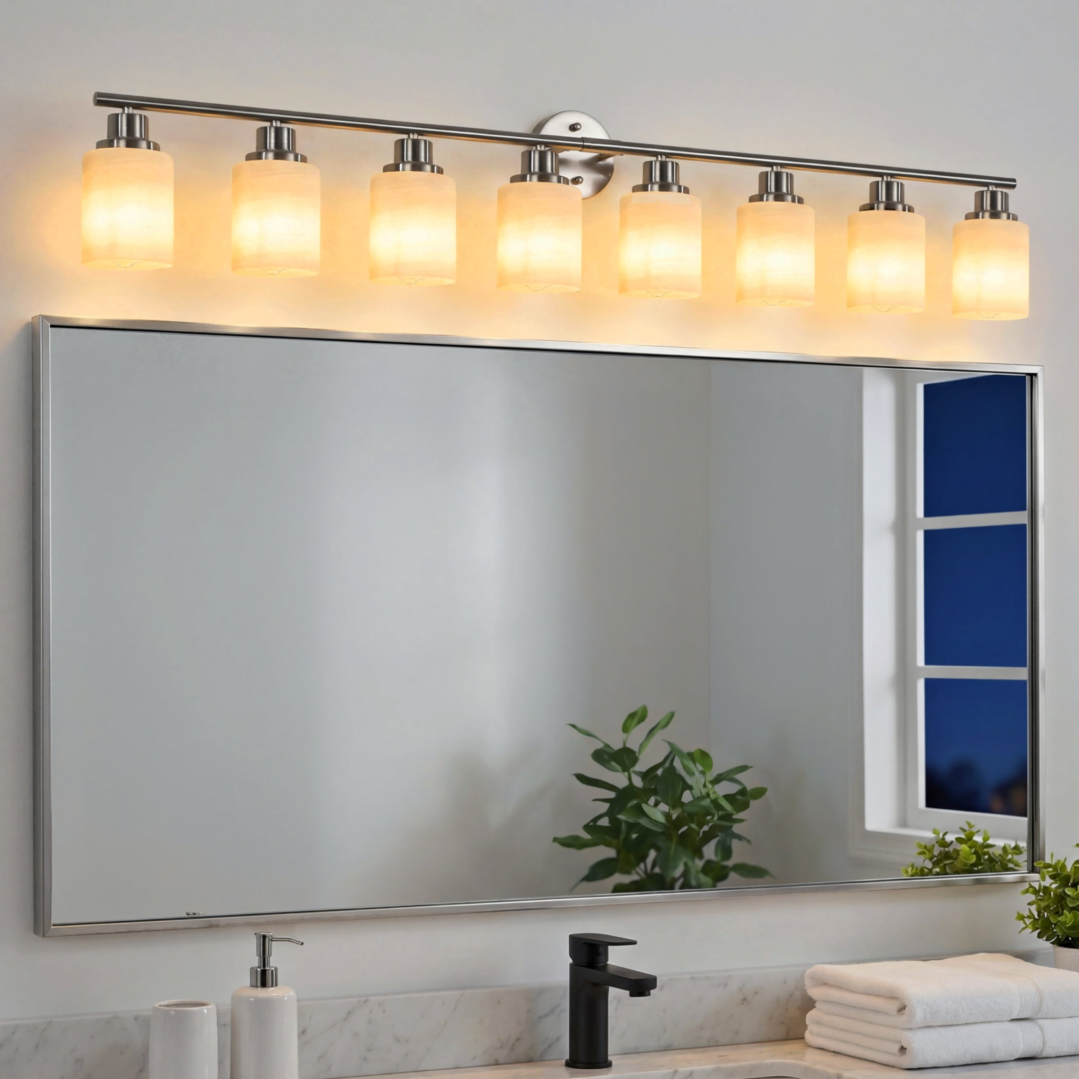 52" Modern 8-Light Bathroom Vanity Light Fixture, Brushed Nickel Wall Sconce with Frosted Glass Shades, Hardwired Lighting for Vanity Mirror, Hallway, Powder Room (Bulbs Not Included)