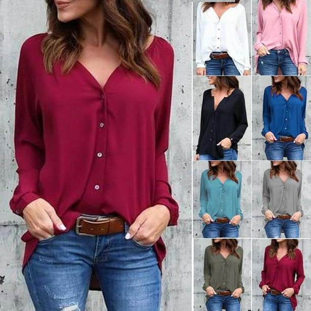 Fashion Women Tops Long Sleeve Chiffon Blouse Solid Color Unique Design V  Neck Fashion Casual Blouses Shirt Tops Ladies Clothes 