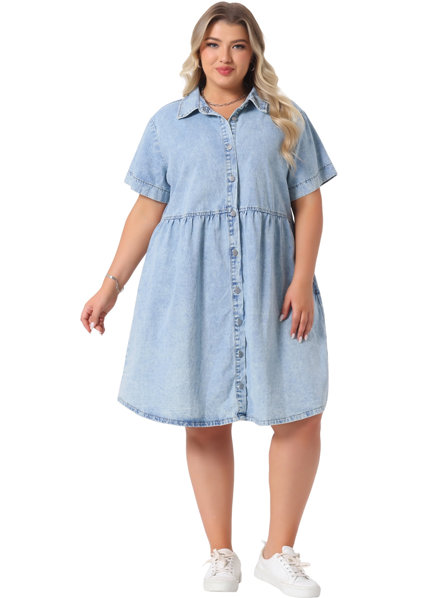 DARING DIVA Women's Plus Size Casual Denim Babydoll Pockets Dress 2X Light Blue