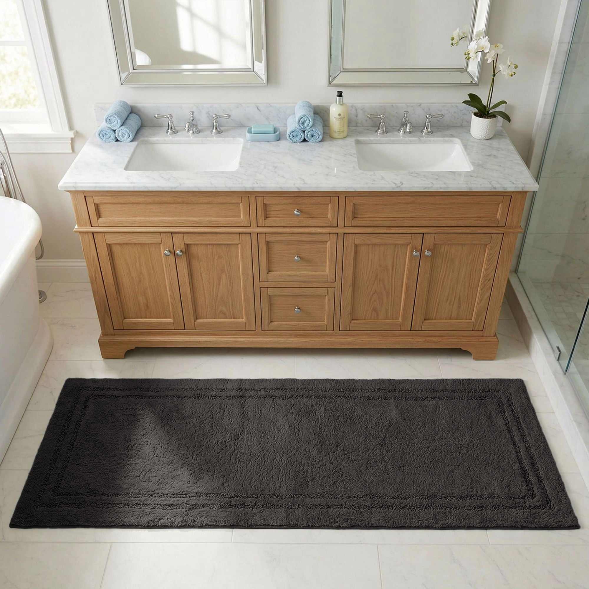 Superior Solid Bordered Cotton Washable Non-Slip Bath Rug, Runner Size, Charcoal