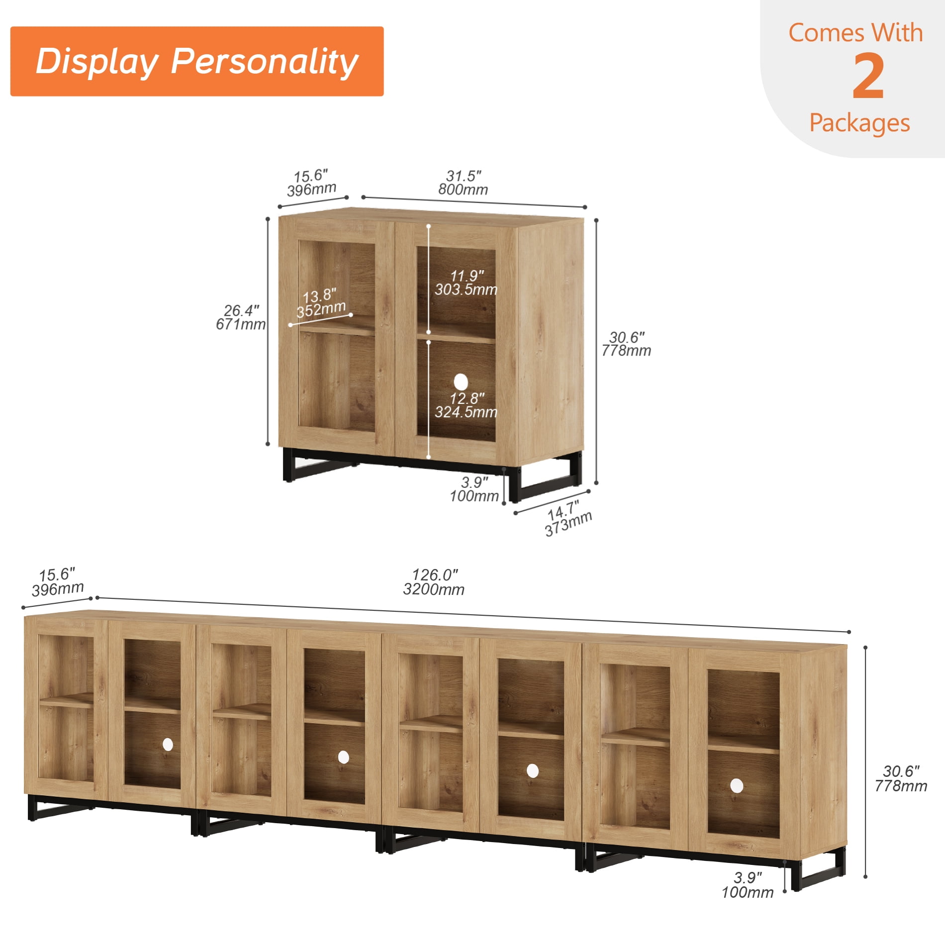 WAMPAT 4 in 1 Multifunctional Sideboard Buffet Cabinets with 8 Glass Doors, Modern Sideboard Credenza with Adjustable Shelf, Coffee Bar Storage Cabinet for Living Room, Kitchen, Oak