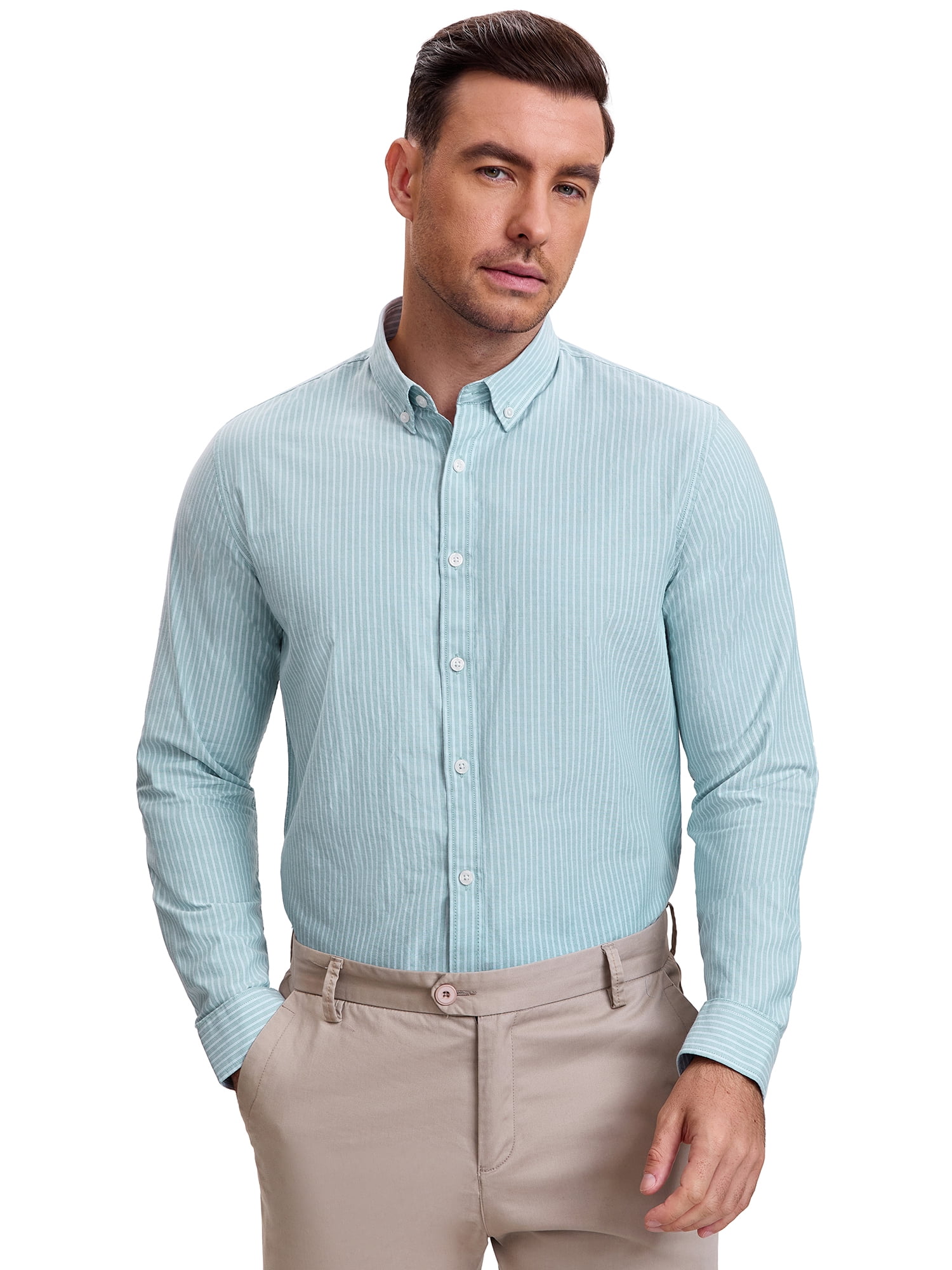 DARING DIVA Men's Stripes Long Sleeved Button Down Business Dress Shirts L Light Green