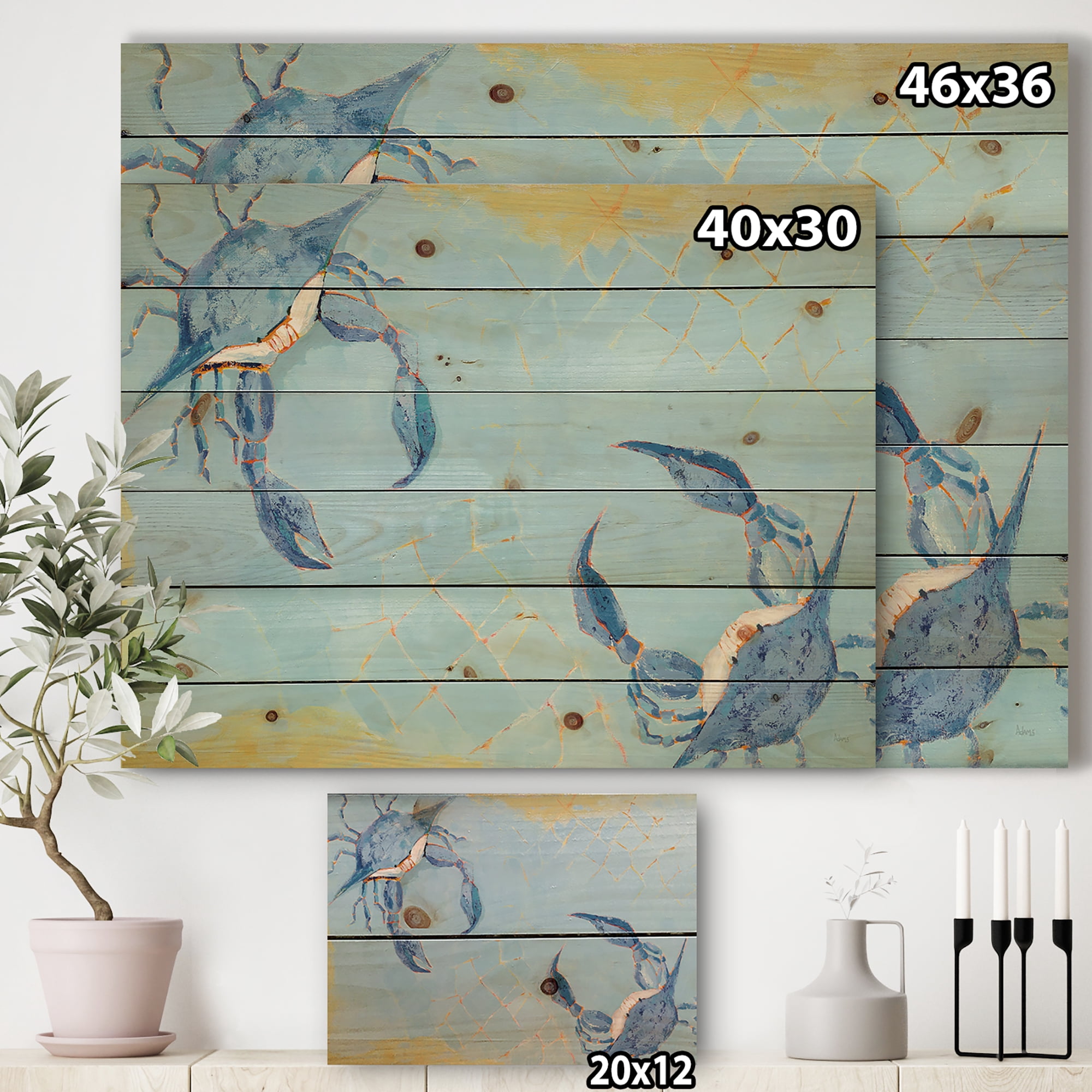Designart 'Blue Coastal crab Battle' Nautical & Coastal Print on Natural Pine Wood