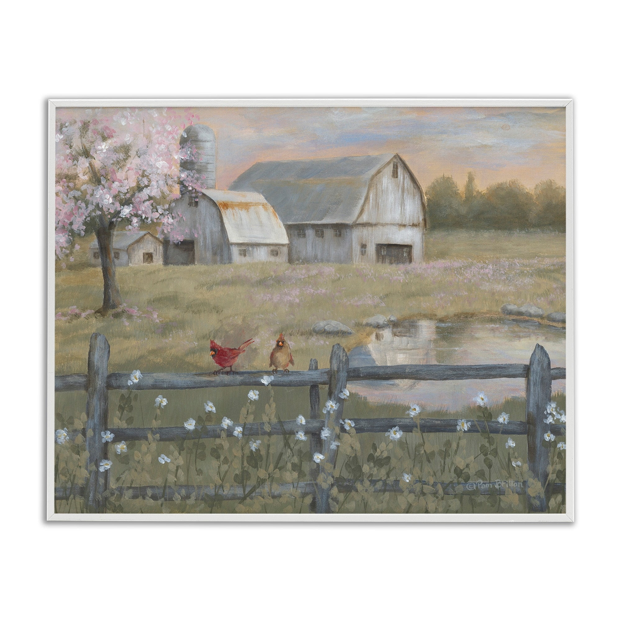Stupell Industries Blossoming Trees Birds Perched Country Farm Fence Painting White Framed Art Print Wall Art, Design by Pam Britton