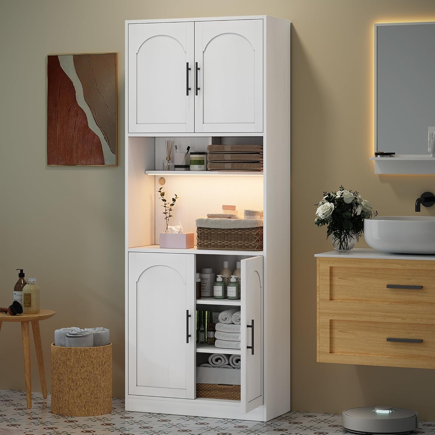 Garvee 71" Tall Kitchen Pantry Storage Cabinet with RGB Lights, Freestanding Pantry Cabinet with Microwave Shelf, Minimalist Hutch for Dining Room, Bathroom, Living Room, White