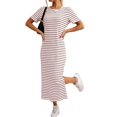 thumbnail image 3 of Women'S Crew Neck Short Sleeve All-over Striped Side Split Loose Midi Casual Dress Red & White. XL, 3 of 6