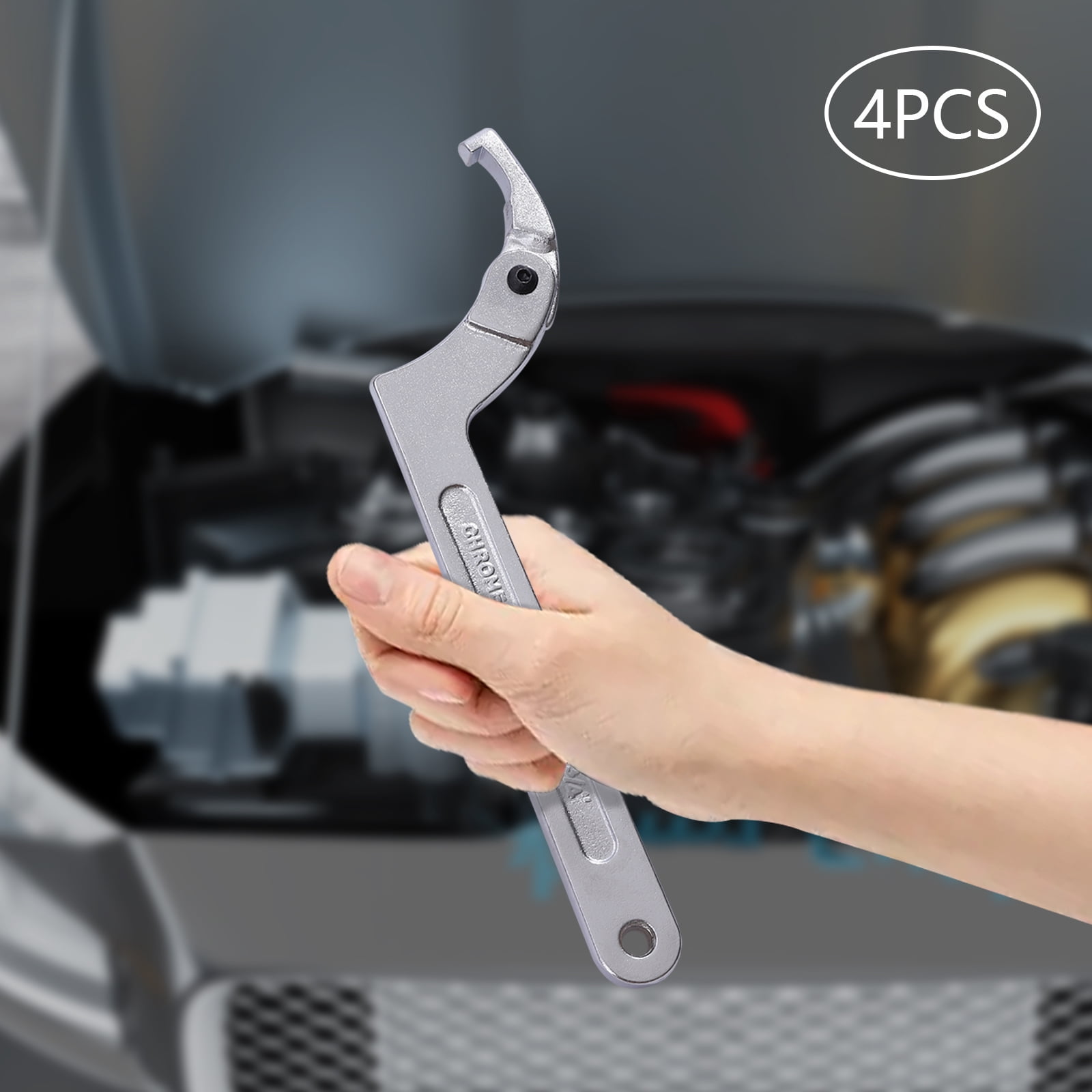 Adjustable C Pin Spanner Hook Wrench Set, 4-Piece, Chrome Vanadium Steel, Multiple Size Range for Nut or Bolt Turning
