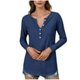 thumbnail image 2 of JUSLIO Button-Up Womens Tops Casual Solid Shirts Fashion Long sleeve Round Neck Shirts Navy M, 2 of 6