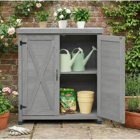 S-HOME Outdoor Potting Bench With Storage Cabinet And Metal Table Top For Patio Use, Functional Gardening Work Station Table