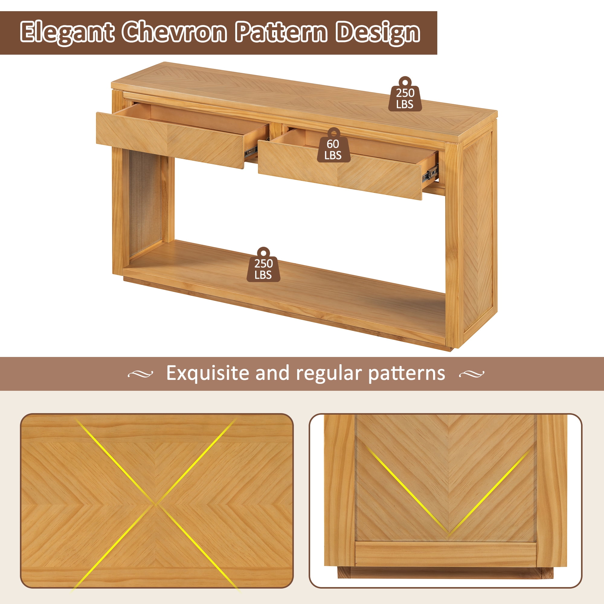 EUROCO 55" Long Console Table with 2 Drawers,Wooden Entryway Table with Open Storage Shelf, Sofa Table Behind Couch Foyer Tables for Living Room Hallway Entrance,Natural