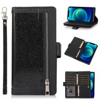 Wallet Case for iPhone 14 Shining Zipper Pocket Cover, Glitter Sparkle Luxury PU Leather Magnetic Flip Folio Case with Card Slots Kickstand Wrist Hand Strip Shockproof Case, Black