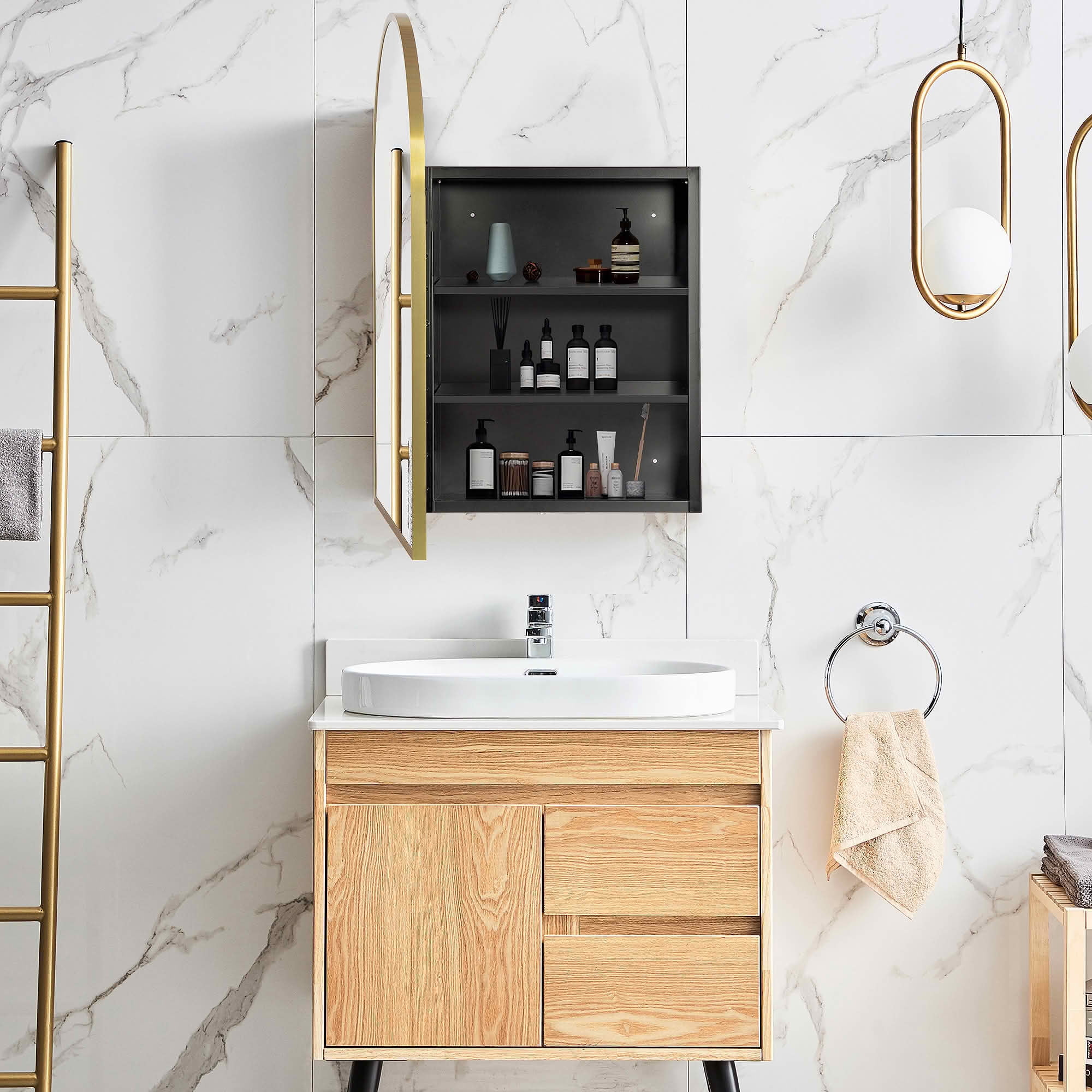 MAYEERTY 36x24x5 Inch Gold Metal Right Angle Arched Medicine Cabinet, Single Piece for Bathroom