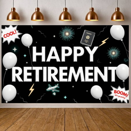 Black and White Happy Retirement Banner Balloon Design Retirement Display Airplane Passport Pattern Retirement Backdrop for Retirement Party Farewell Event Office Party