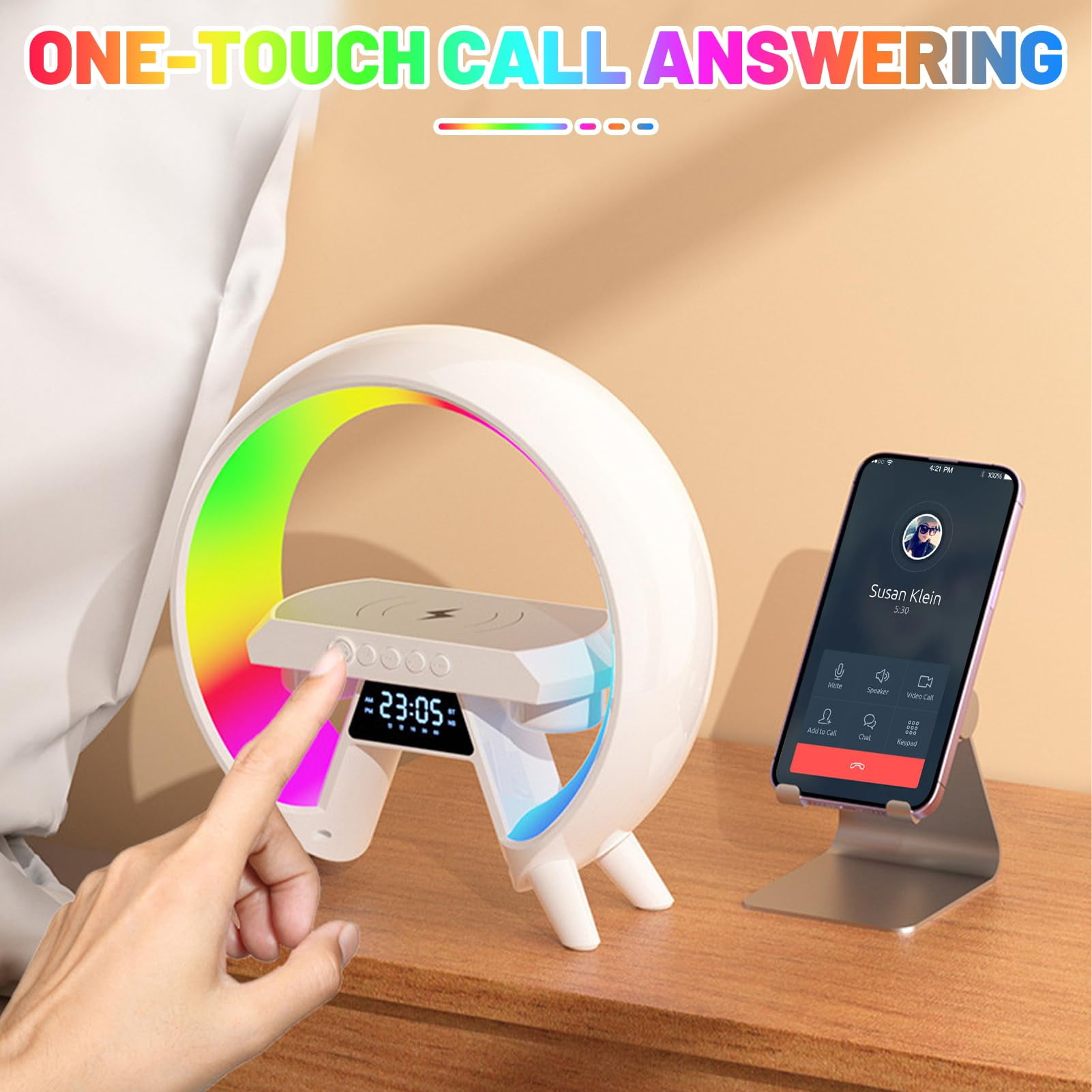 Wireless Speaker Charger Light, Phone Charger, Atmosphere Night Light Multifunctional Bluetooth Speaker, Timer Alarm Clock Charger Stand Color Changing Music Lamp-White