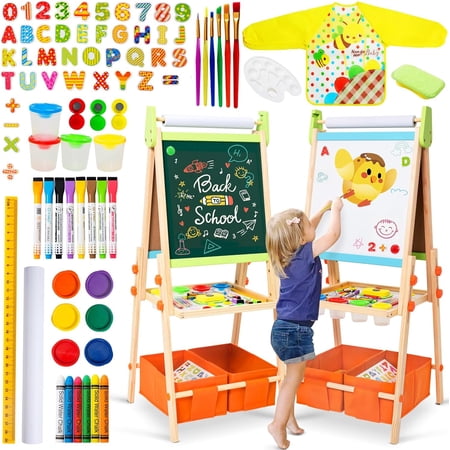 Kids Easel Including 100+ Accessories Double Sided Wooden Easel for Kids Age 3-8 with Magnetic Chalkboard & Painting Board Free Height Adjustable Art Easel Supplies for Toddlers