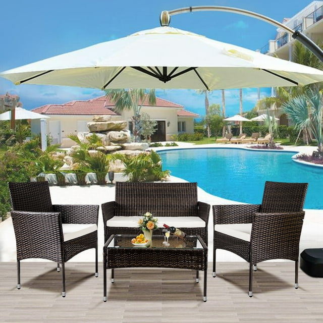 Topcobe Outdoor Patio Dining Set, 4 Piece Patio Wicker Furniture Seating Conversation Rattan Chair Glass Table (Brown Wicker, Beige Cushions)