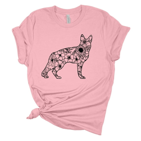 Womens German Shepherd Tshirt Standing Floral German Shepherd Short Sleeve T-shirt-Light Pink-5xl