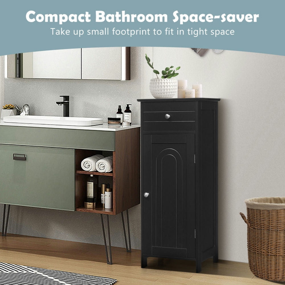 Finihen Storage Cabinet, Floor Cabinet, Wooden Storage Free-Standing Floor Cabinet with Drawer and Shelf, for Bathroom, Living Room, Bedroom, Kitchen, Black