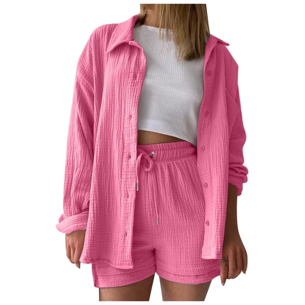 Conjunto primaveral liso para mujer: camiseta de manga larga + pantalones cortos de cintura alta con cordón, poliéster, informal/para exterior, ligero/transpirable, tallas asiáticas