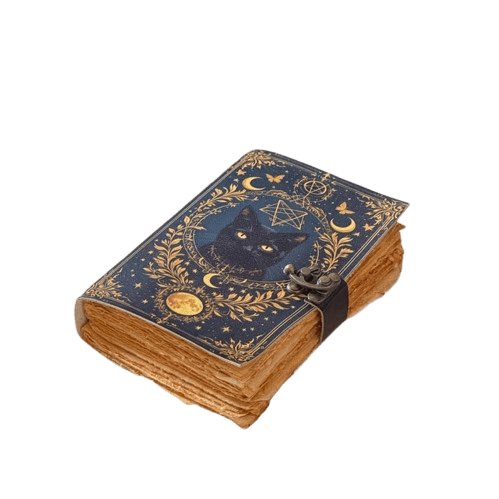 Handmade Leather Journal with Mystical Black Cat Design – 5x7 inch Vintage Notebook, 200 Handmade Paper Pages, Metal Clasp, Witchy Moon & Stars Artwork