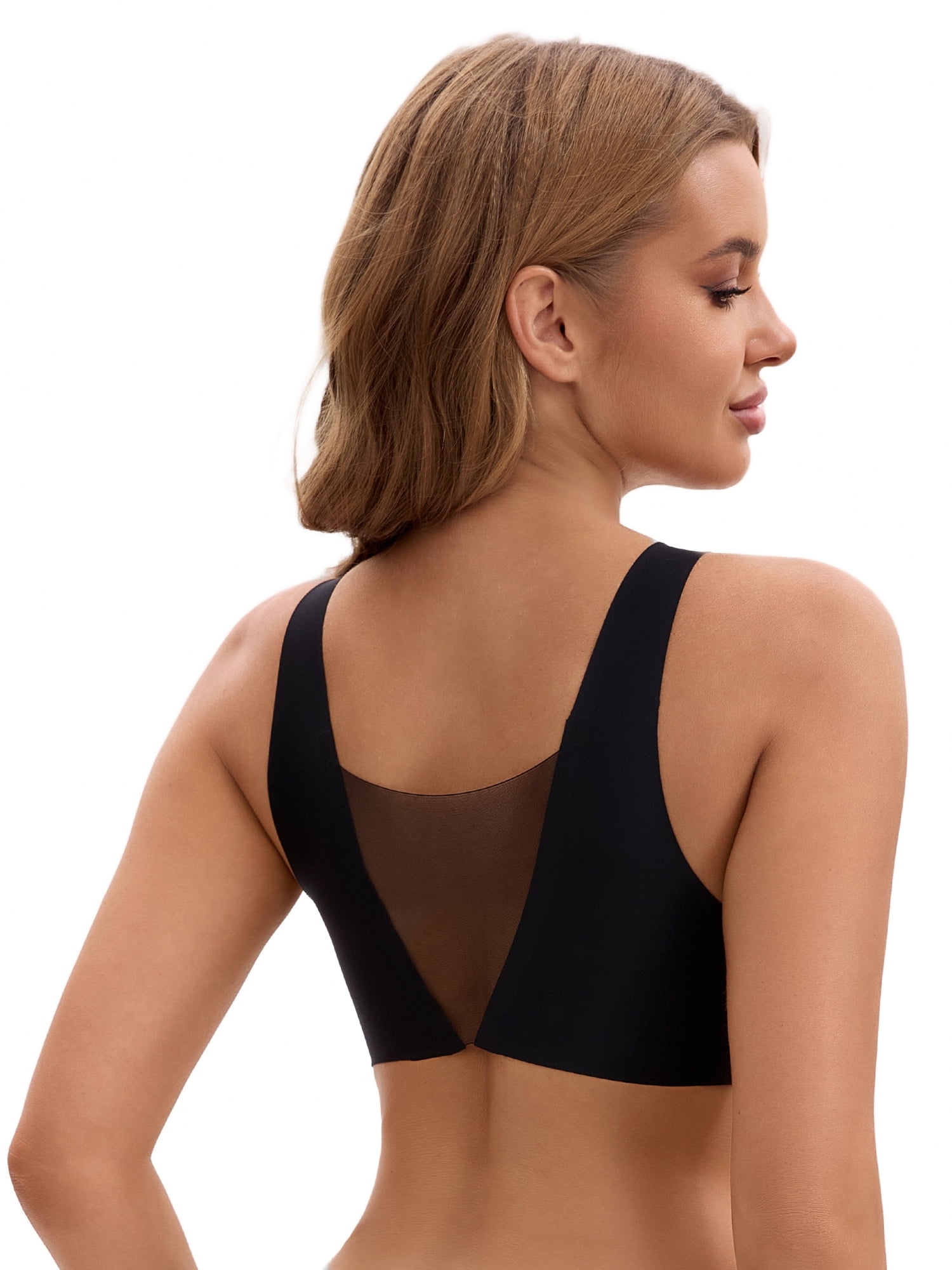 Unique Bargains Women's Deep V Seamless Mesh Plunge Bras Minimizers M Black