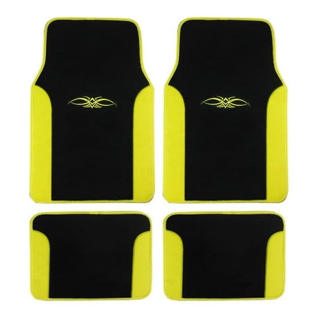 A Set of 4 Universal Fit Plush Carpet with Vinyl Trim Floor Mats For Cars / Trucks (Yellow)