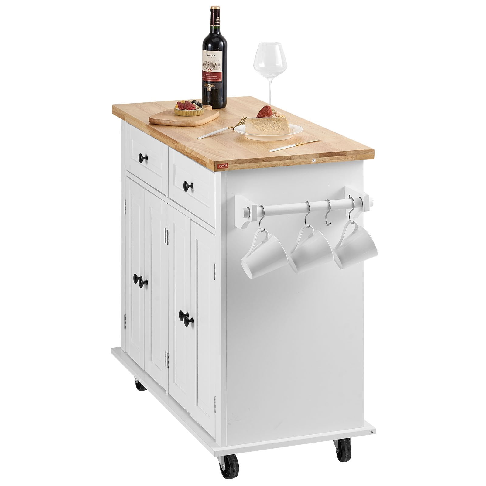 Kitchen Island Cart with Solid Wood Top, 35.4" Wide Mobile Cart with Storage Cabinet, Spice Rack, Towel Rack & Drawer, White