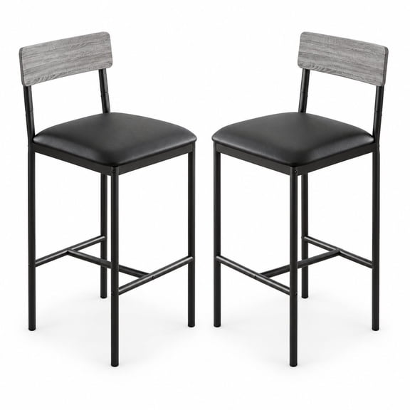Set of 2 Bar Stools, 25.5 Inch Kitchen Counter Height Chairs, Grey Upholstered Barstools with Back Support for Bar, Island, Counter, Easy Assembly