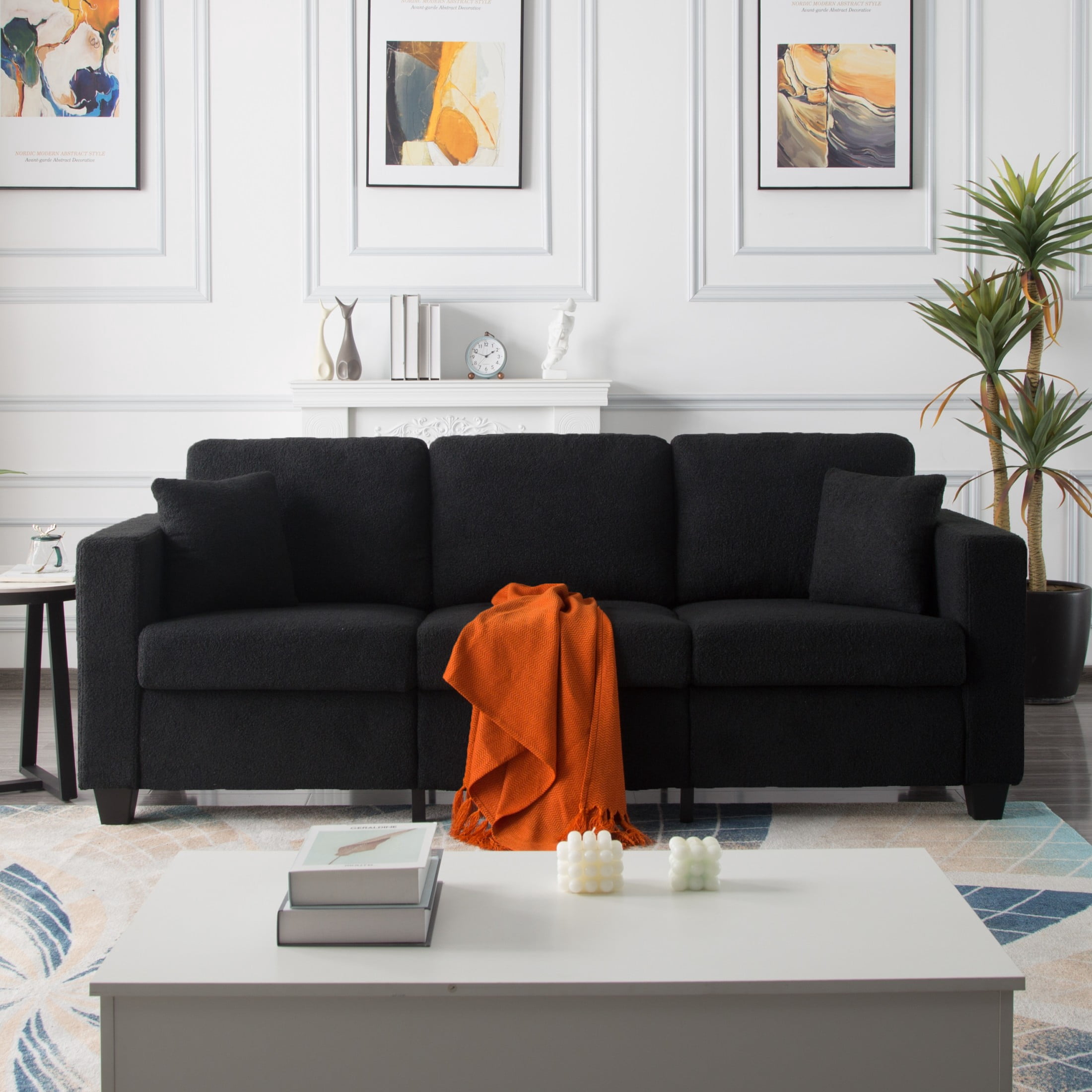 Gewnee 86.5''Modern Teddy Velvet Sofa with 2 Pillows,Extra-Wide Deep Sofa Couch,Suitable for Living Room,Bedroom,Office,Apartment (Black)