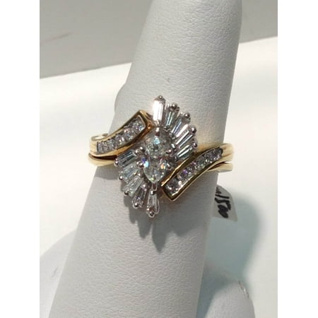 Marquise Baguette & Round Cut Diamond 14K Yellow Gold Plated Silver Engagement Bridal Ring set