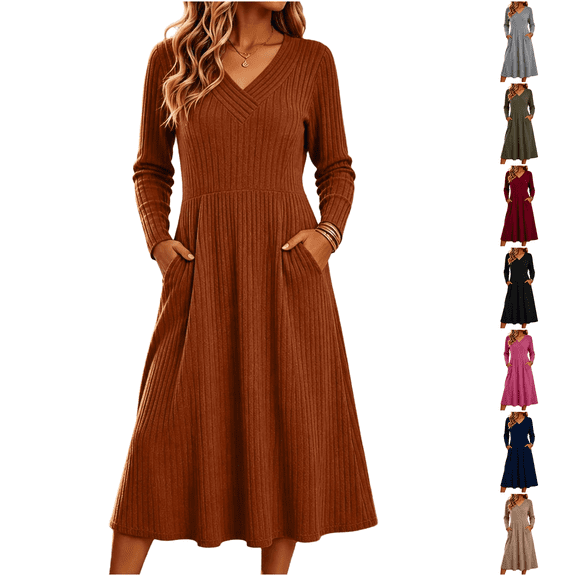 pwidon Dresses for Women Long Sleeve V Neck A Line Ribbed Sweater Dress Casual Fall Midi Dress Regular Fit L
