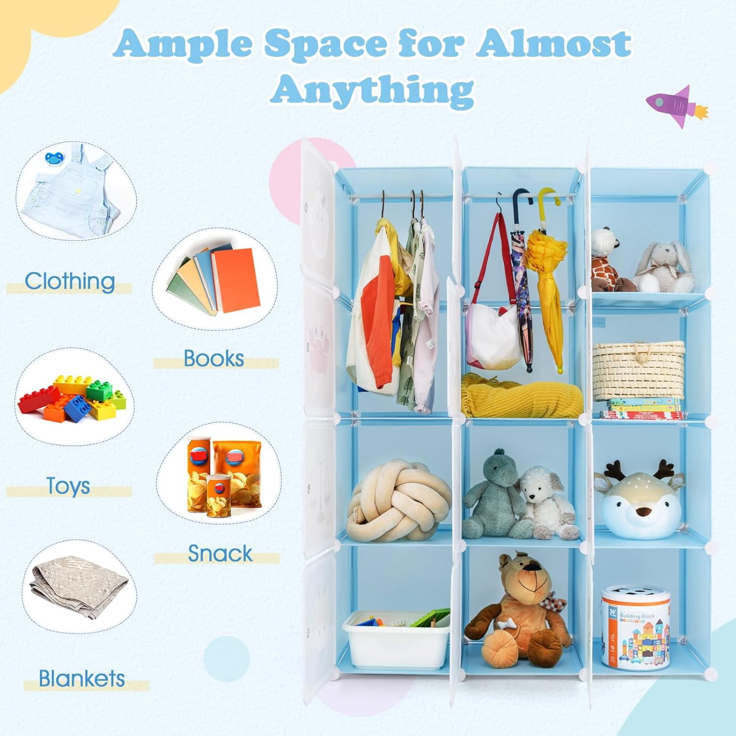 OLAKIDS Children Wardrobe, Kid Closet Portable Baby Dresser Cute for Kids Bedroom Nursery Armoire with Doors 12 Cube 2 Hanging Sections, Kid Clothes Storage Organizer