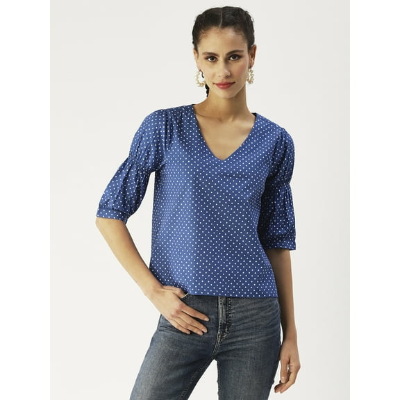 DressBerry Women’s Printed Cotton Poplin Top V Neck Flared Elbow Sleeves Waist Length Regular Wear Light Weighted Casual Summer Blouse