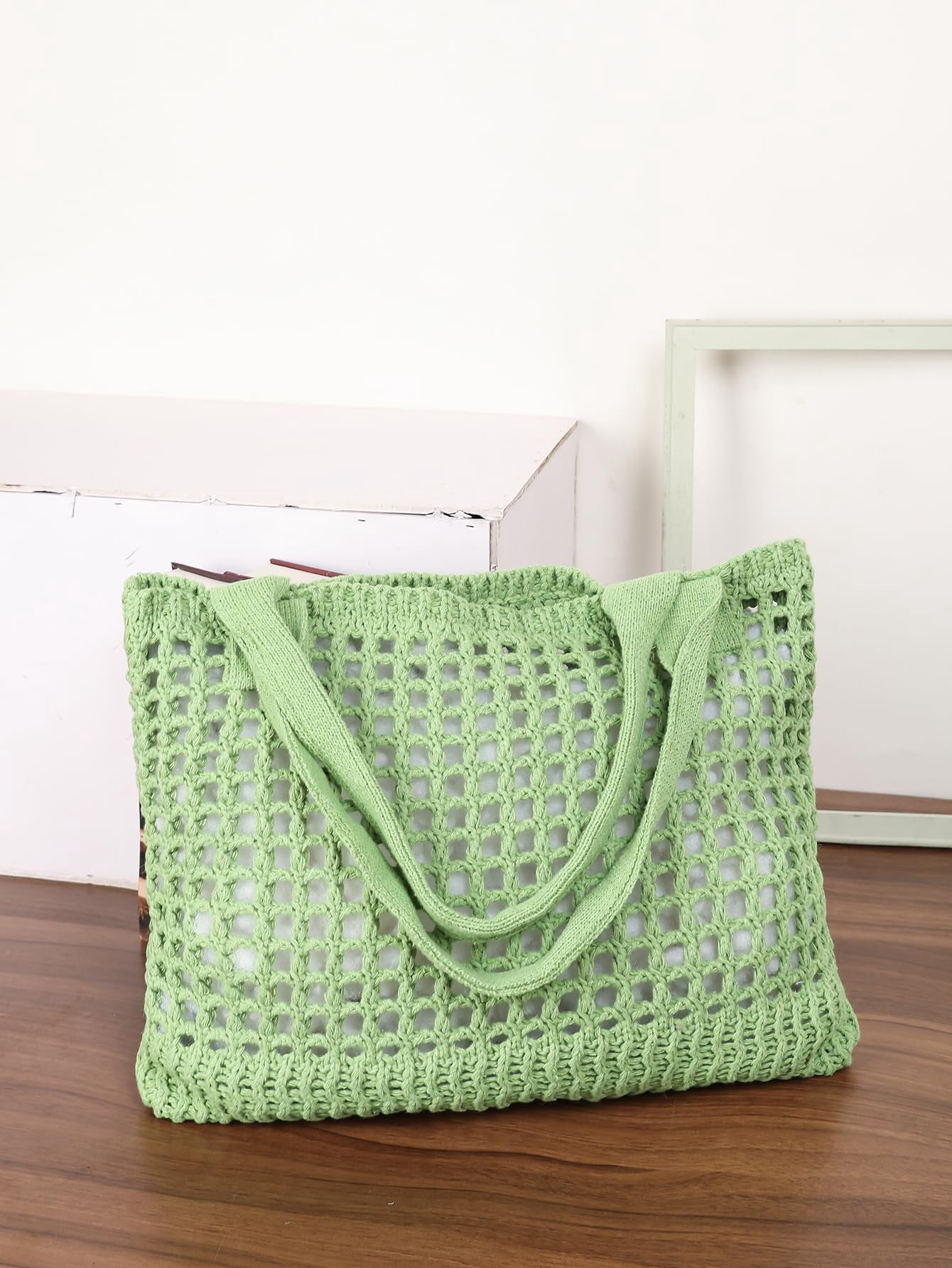Women's Beach Tote Bag, Crocheted Knit Hollow Design, Stylish & Spacious Tote for Beach,Travel,and Everyday Use,Cute Aesthetic Summer Handbag(khaki)