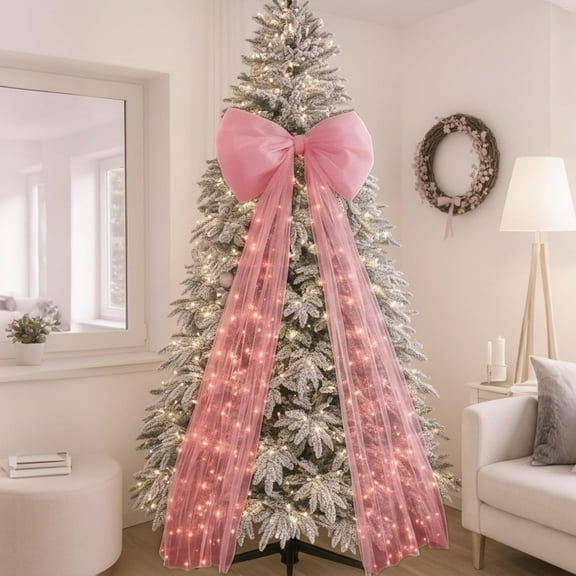 49 Inches Christmas Tree Topper Bow Large Fluffy Tulle Christmas Bow for Car Giant Wreath Wall Decor with Long Streamers for Xmas Home Wedding Car Holiday Decor Supplies(Pink)