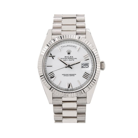 Pre-Owned Rolex Day-Date 40MM 228239 White Roman Dial Fluted Bezel 18K White Gold President Bracelet