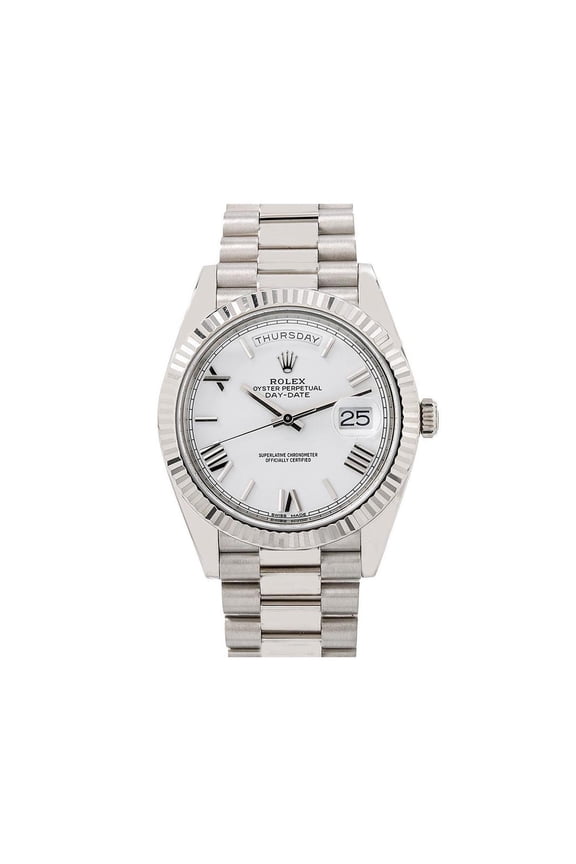 Pre-Owned Rolex Day-Date 40MM 228239 White Roman Dial Fluted Bezel 18K White Gold President Bracelet