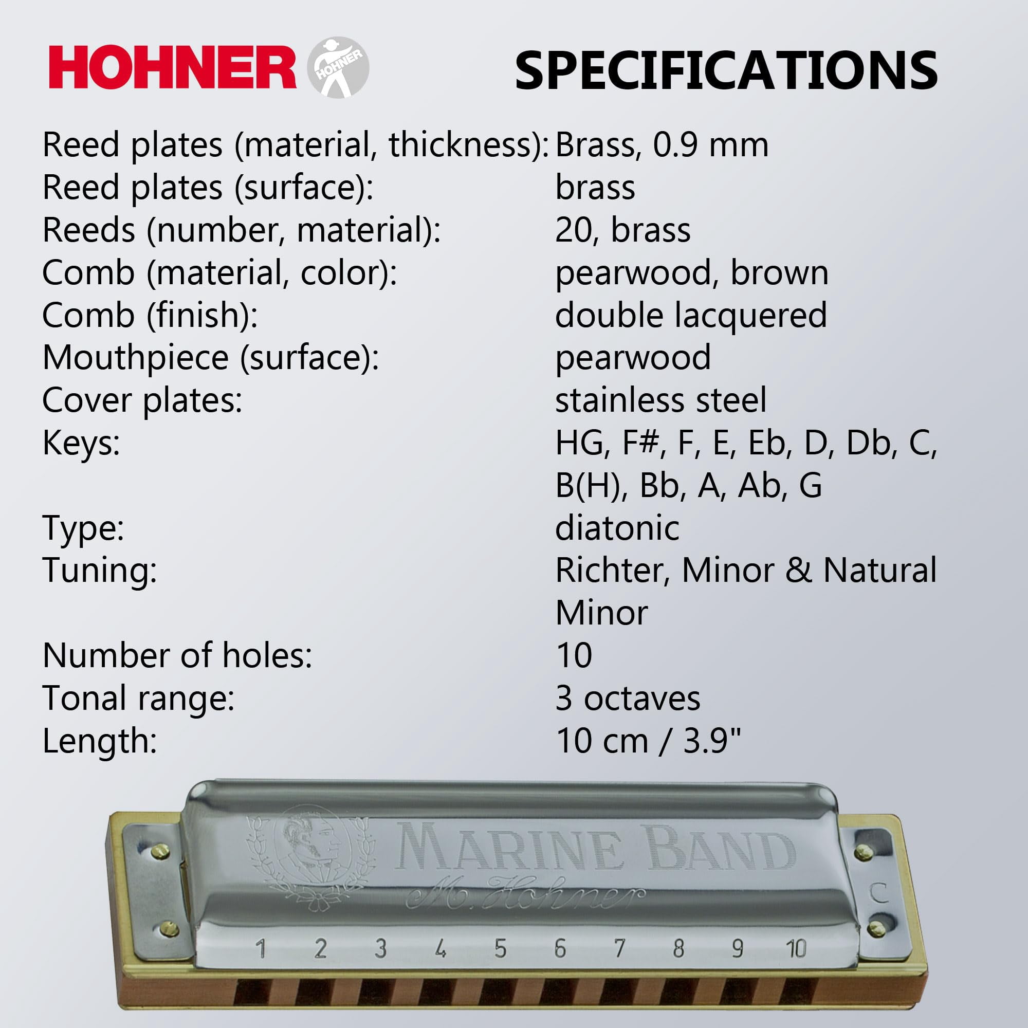 Hohner Marine Band 1896 Harmonica - Key of C w/ Instructional Manual