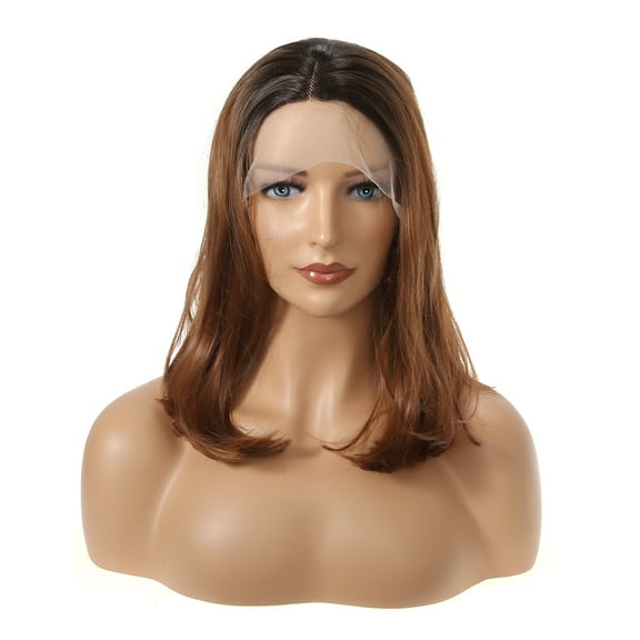 Unique Bargains Lace Front Wigs for Women 14" Black Gradient Light Brown Medium Long Straight Bob with Wig Cap