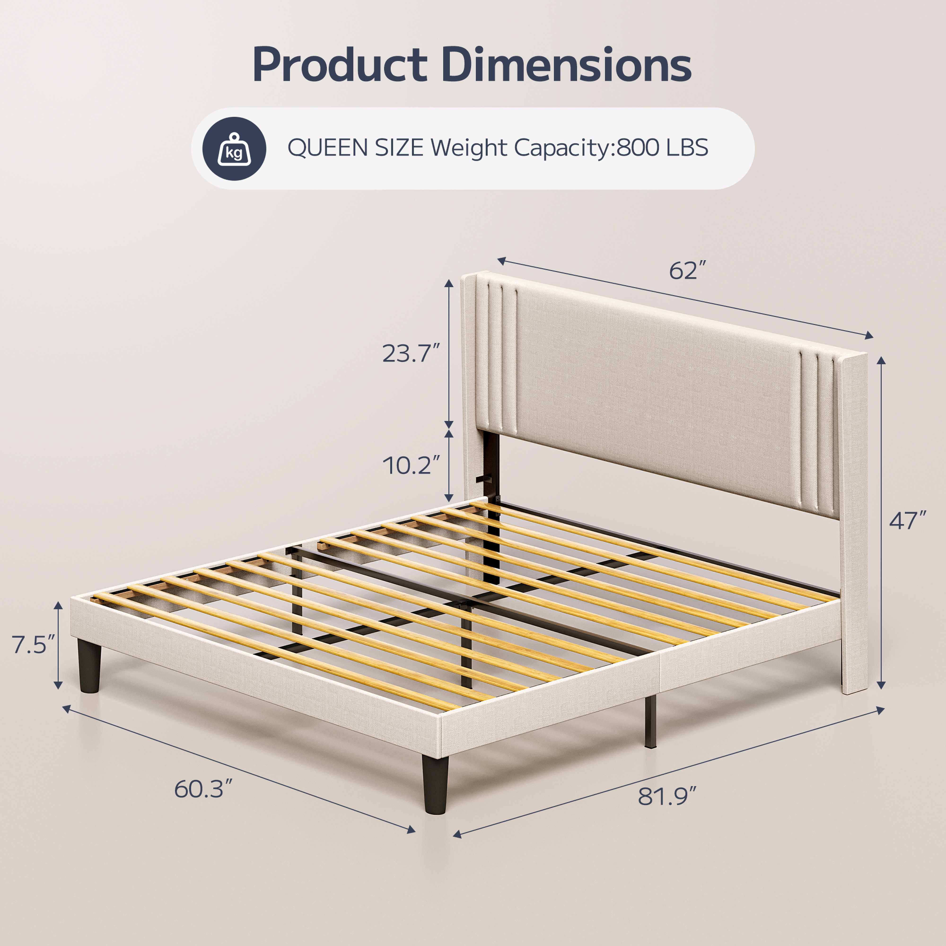 Asofer Queen Size Heavy Duty Bedframe with Upholstered Wingback Headboard, Metal Platform, Beige