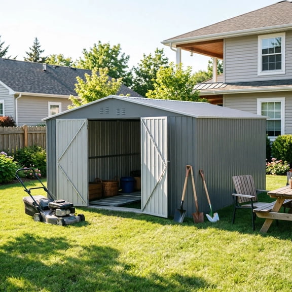 LuckyNote 11x13 FT Metal Storage Shed with Reinforced Floor Frame, 140.5 ft² Outdoor Garden Tool House, Lockable Doors & 4 Vents, Gray