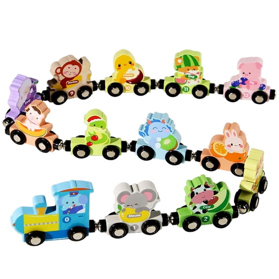 Wooden Train Set - Number ,Chinese Zodiac, Dinosaur & Fruit Themed Magnetic Connection Train Toy Gift for STEM Preschool 3-6 ages Early Childhood Education & Cognitive Development