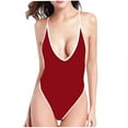thumbnail image 2 of One Piece Womens Deep V Neck Swimsuits Spaghetti Strap Low Back Bathing Suits Color Block Sexy Swimwear for Women Red, L, 2 of 5