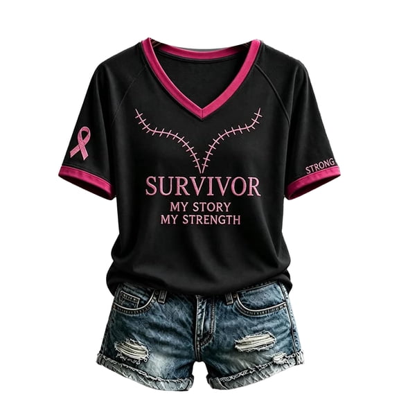 Domuza Women's Breast Cancer Shirts Pink Ribbon Wings Print Cancer Survivor Short Sleeve V-Neck Shirts ,in October We Wear Pink Tops L