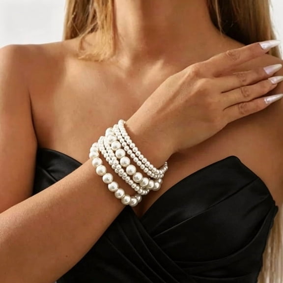 Pearls Bracelets for Women Beaded Stretchable Pearls Bracelets Set Boho Jewelry for Halloween Party Christmas Gift